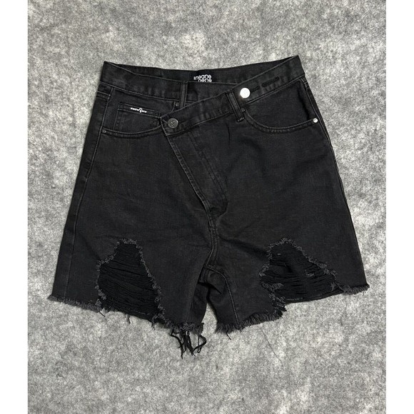 INSANE GENE CROSSOVER High Waist Jeans Shorts Women's S Black Distressed - Picture 3 of 17